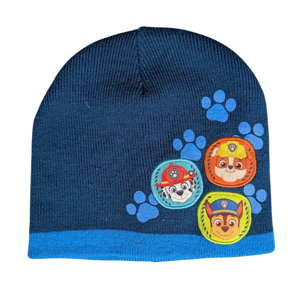 Paw Patrol Boys Blue Knit Beanie Hat Chase Marshall Rubble Embroidered Patches